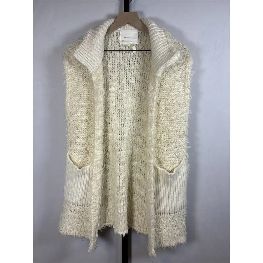 Anthropologie Fuzzy Open Front Knit Vest Women's XXS Cream Oversized Boho Wool